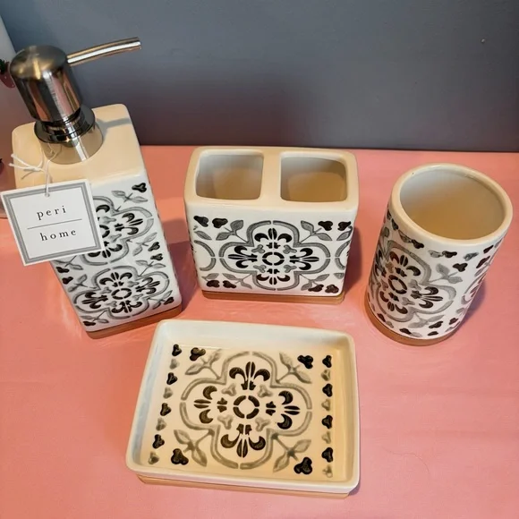 Peri Home Black and White Bath Accessory Set Soap, Toothbrush, Cup, Tray NWT - Picture 2 of 2